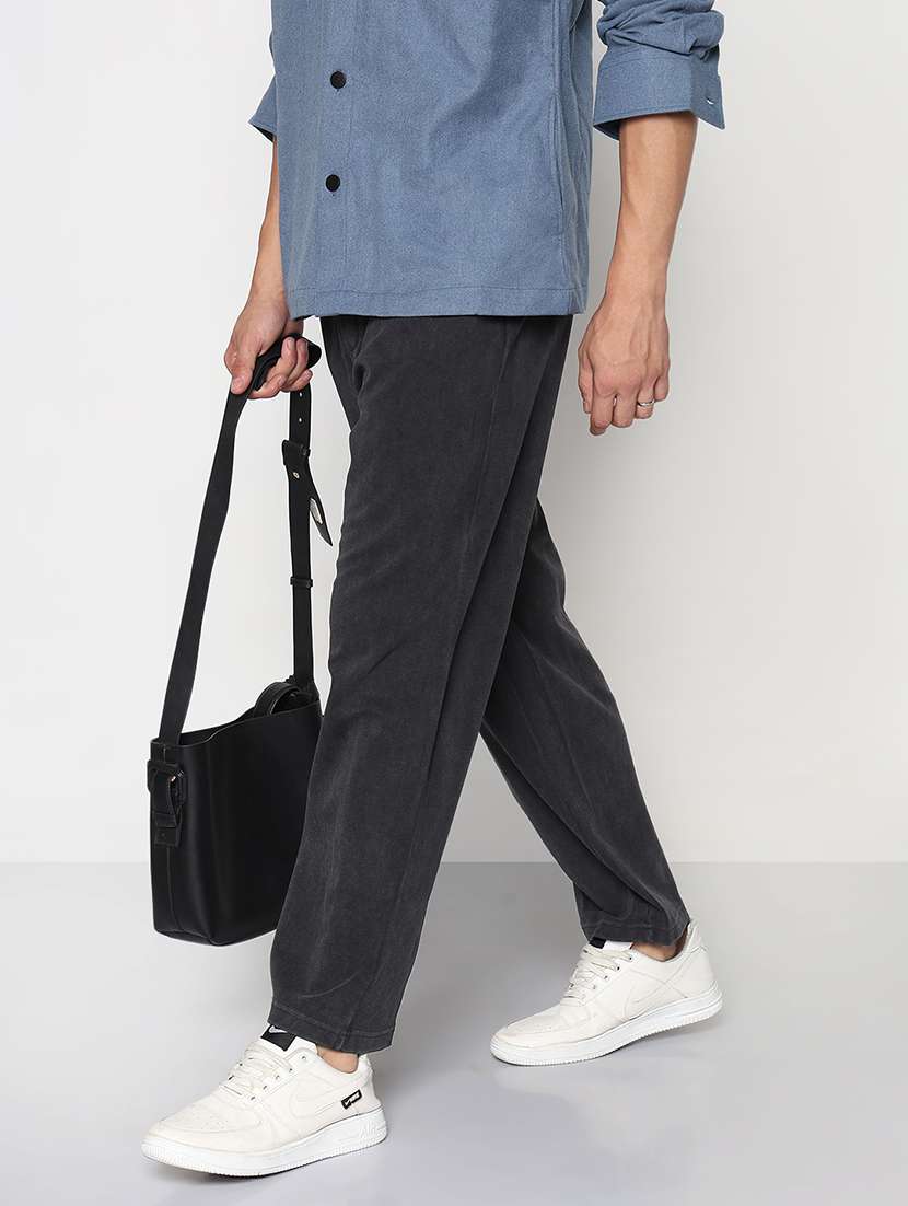 men solid low rise flat front casual trouser