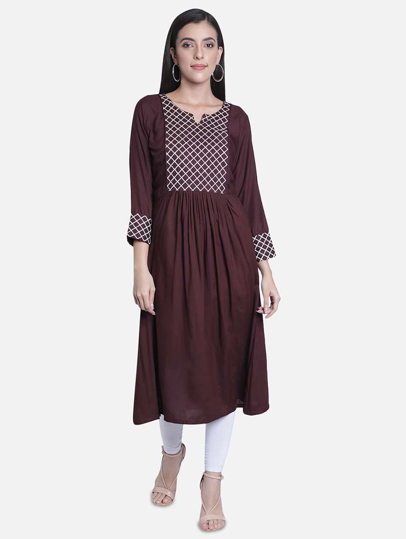 women embroidered notch neck flared kurta