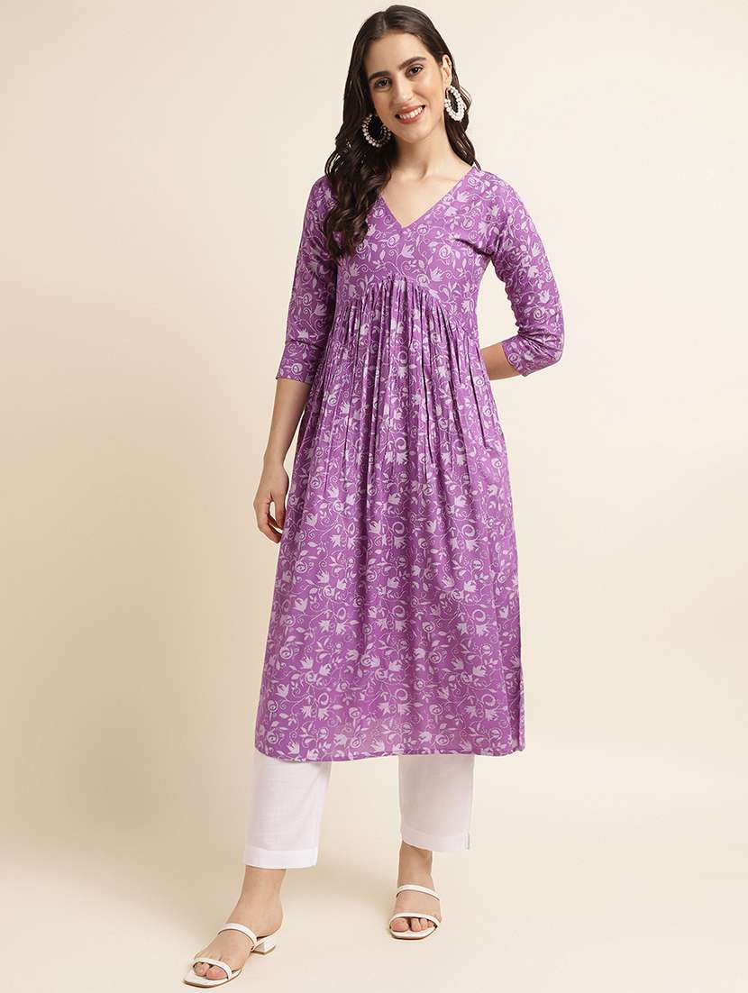 women printed v neck flared kurta - 22505248 -  Standard Image - 2