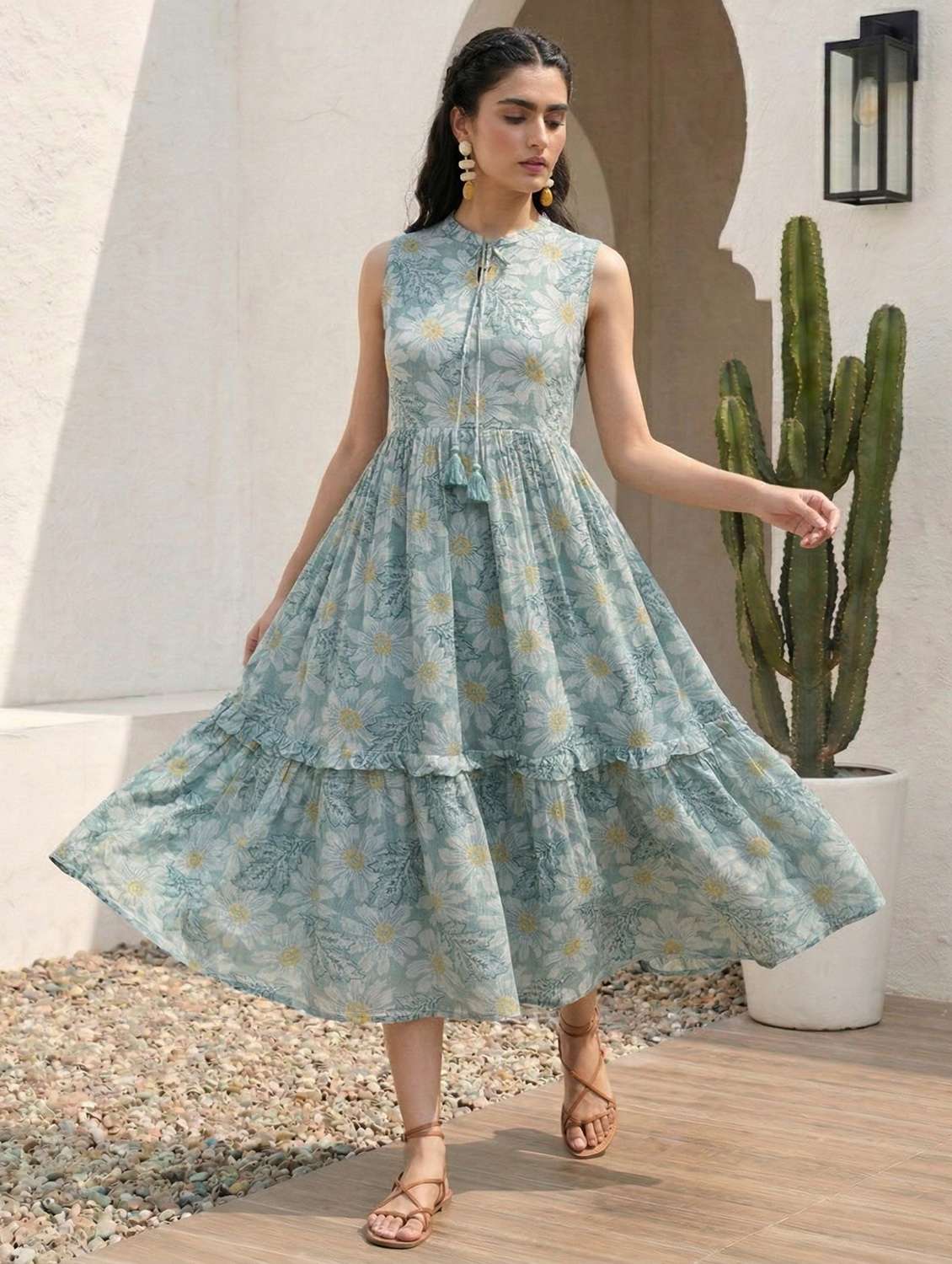 women floral printed sleeveless midi tiered dress - 22505260 -  Standard Image - 2