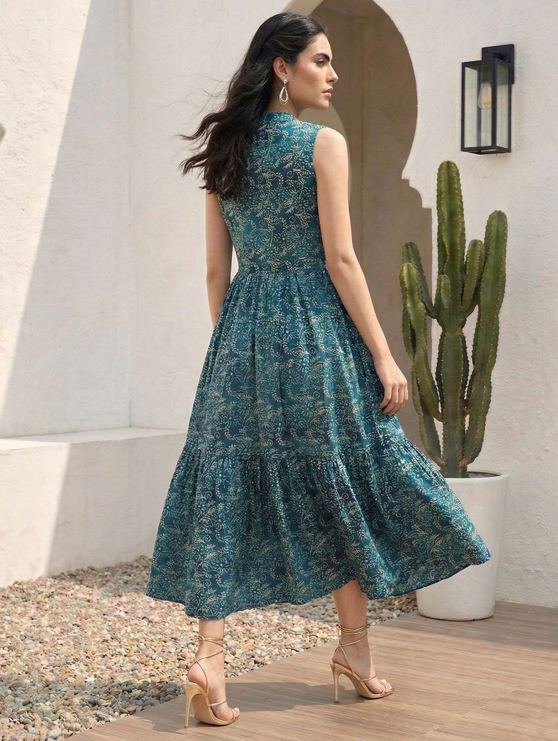 women printed sleeveless midi tiered dress - 22505261 -  Standard Image - 2