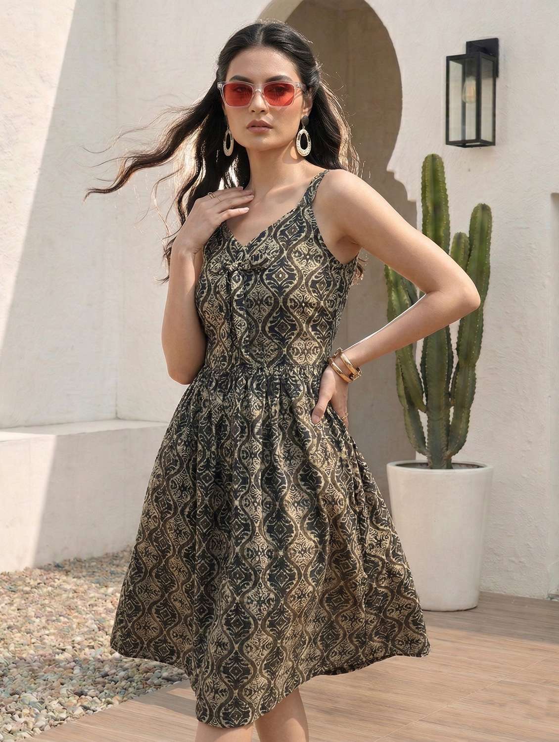 women printed sleeveless a-line dress