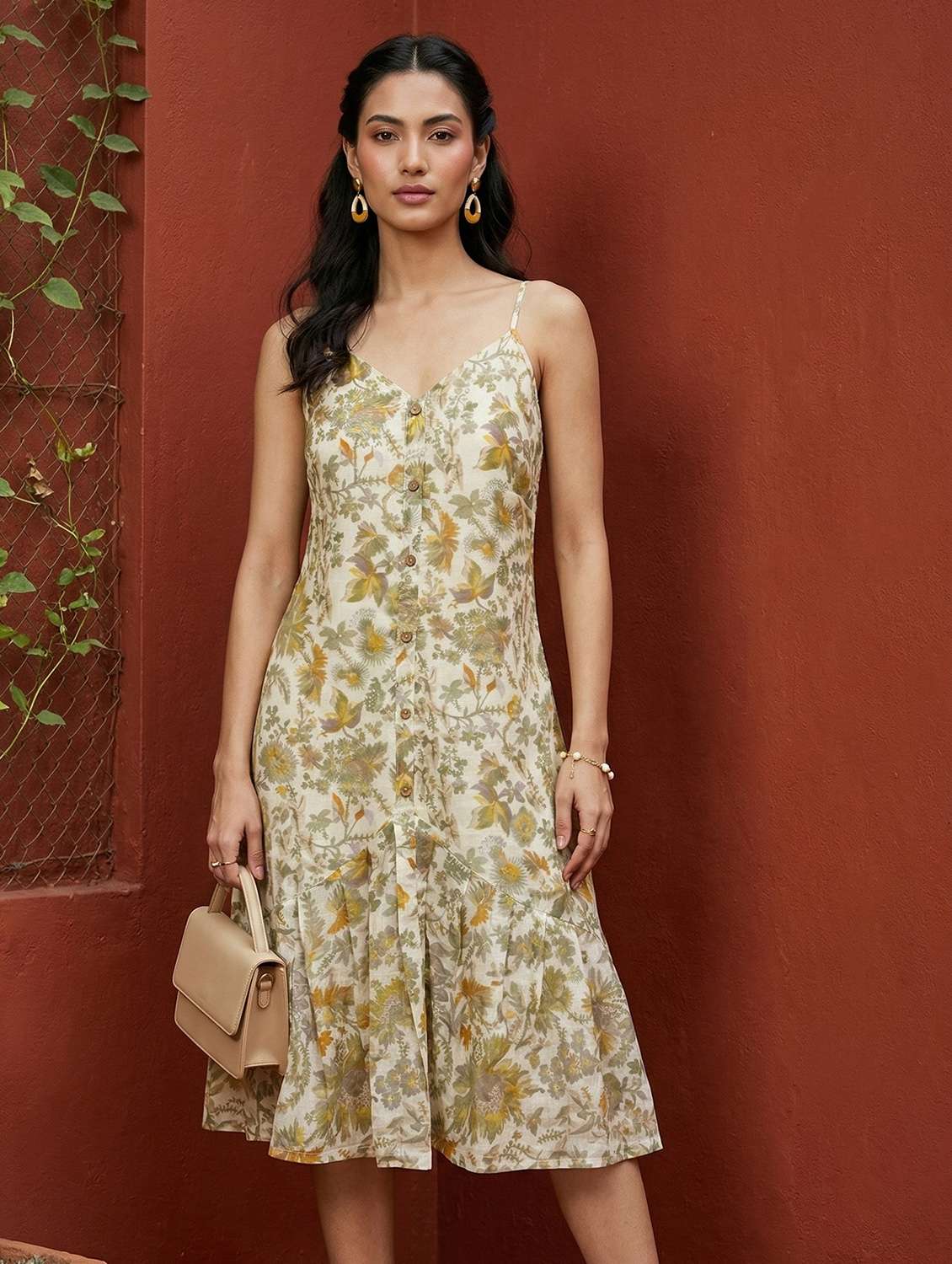 women printed shoulder strap midi tiered dress