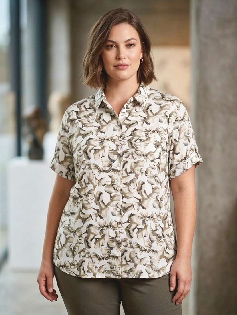 women printed short sleeves collared shirt