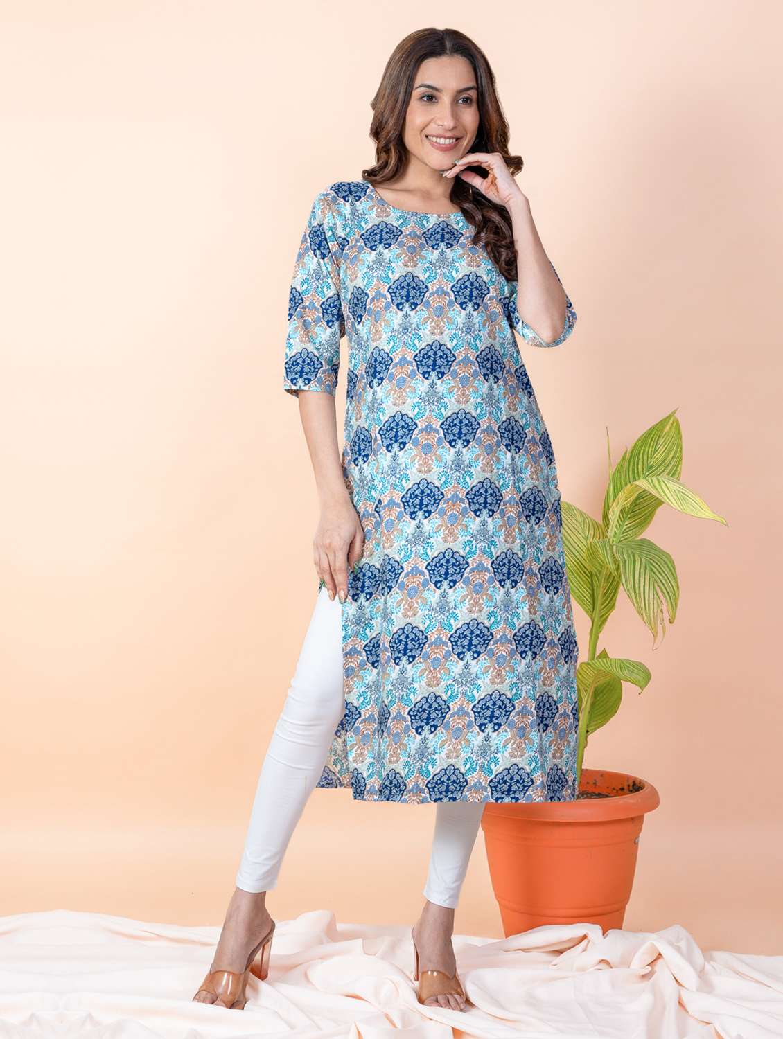 women printed round neck straight kurta - 22505384 -  Standard Image - 2