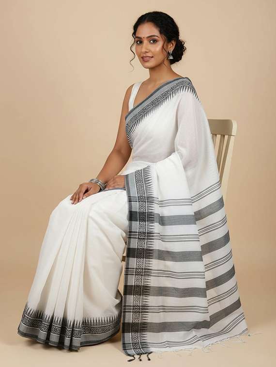 women solid with bordered handloom saree with blouse - 22505433 -  Standard Image - 2