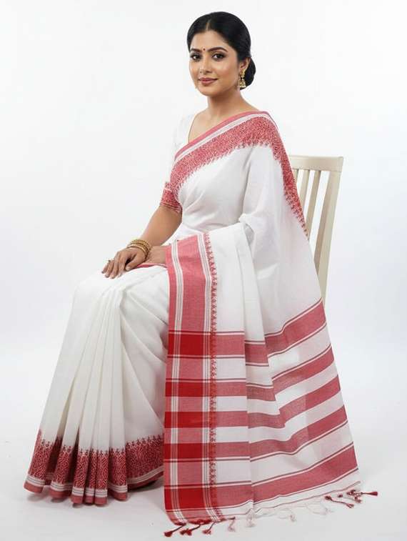 women solid with bordered handloom saree with blouse - 22505434 -  Standard Image - 2