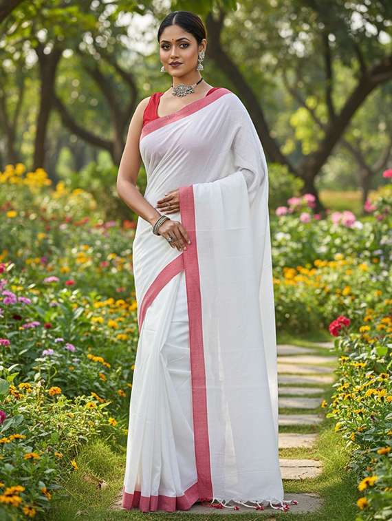 women solid with bordered handloom saree with blouse