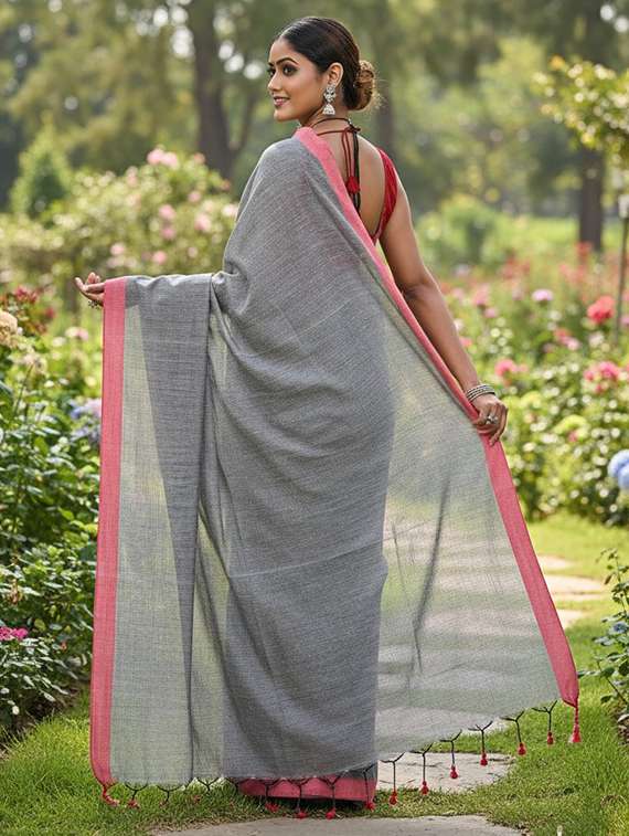 women solid with bordered handloom saree with blouse - 22505489 -  Standard Image - 2