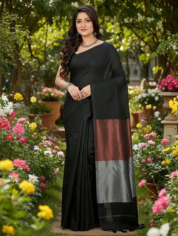 women solid handloom saree with blouse - 22505509 -  Standard Image - 2