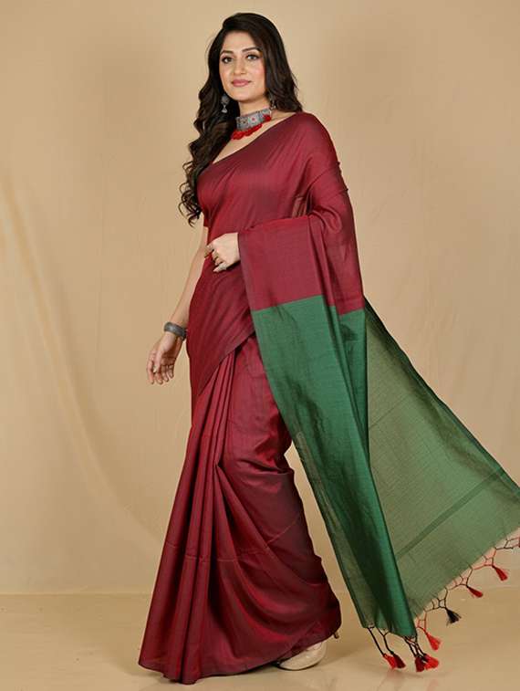 women solid handloom saree with blouse - 22505547 -  Standard Image - 2