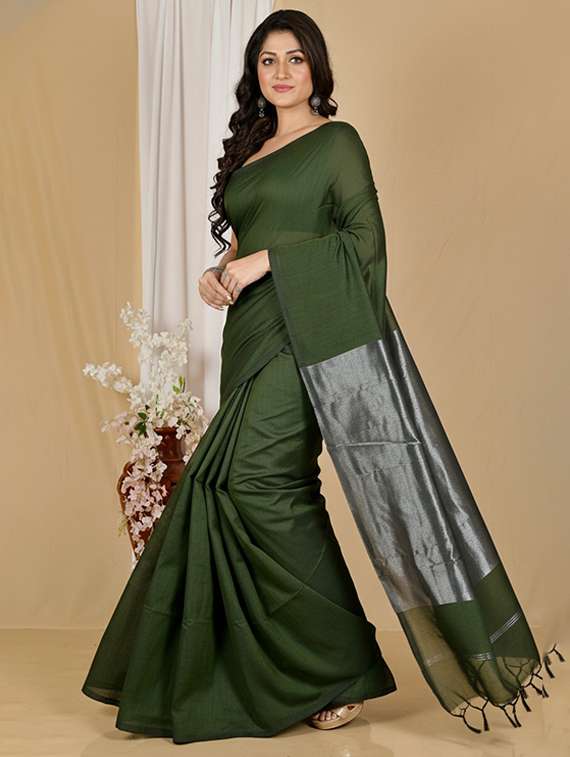 Women Solid Handloom Saree With Blouse - 22505567 -  Standard Image - 2