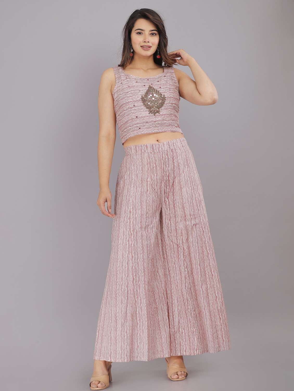 women printed crop top palazzo with shrug - 22505843 -  Standard Image - 2