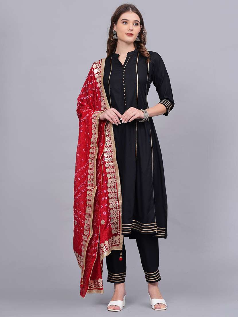 women solid with work three quarter sleeve kurta pant with dupatta set - 22505849 -  Standard Image - 2