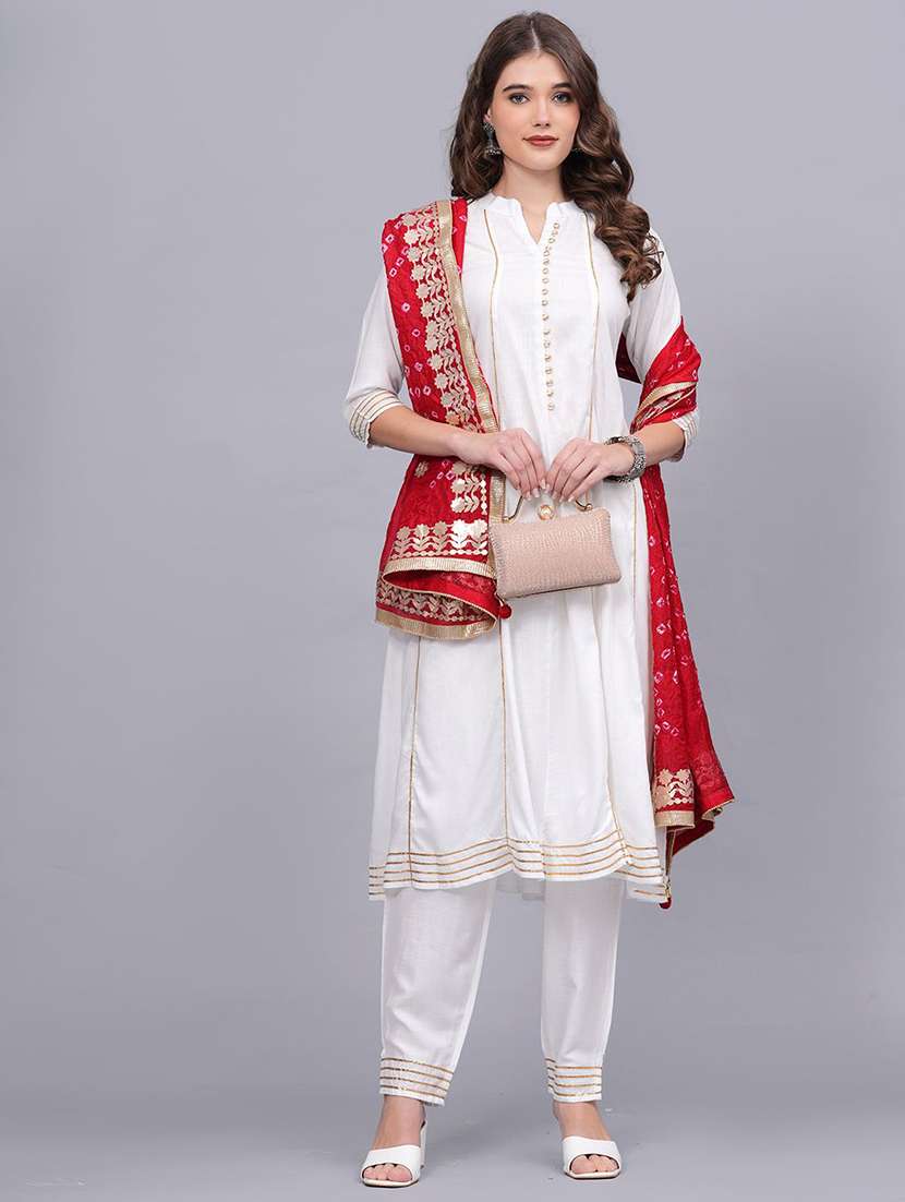 women solid with work three quarter sleeve kurta pant with dupatta set