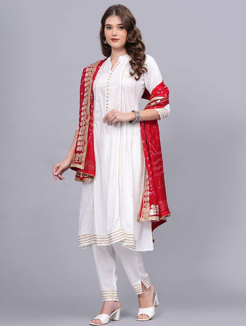 women solid with work three quarter sleeve kurta pant with dupatta set - 22505850 -  Standard Image - 2