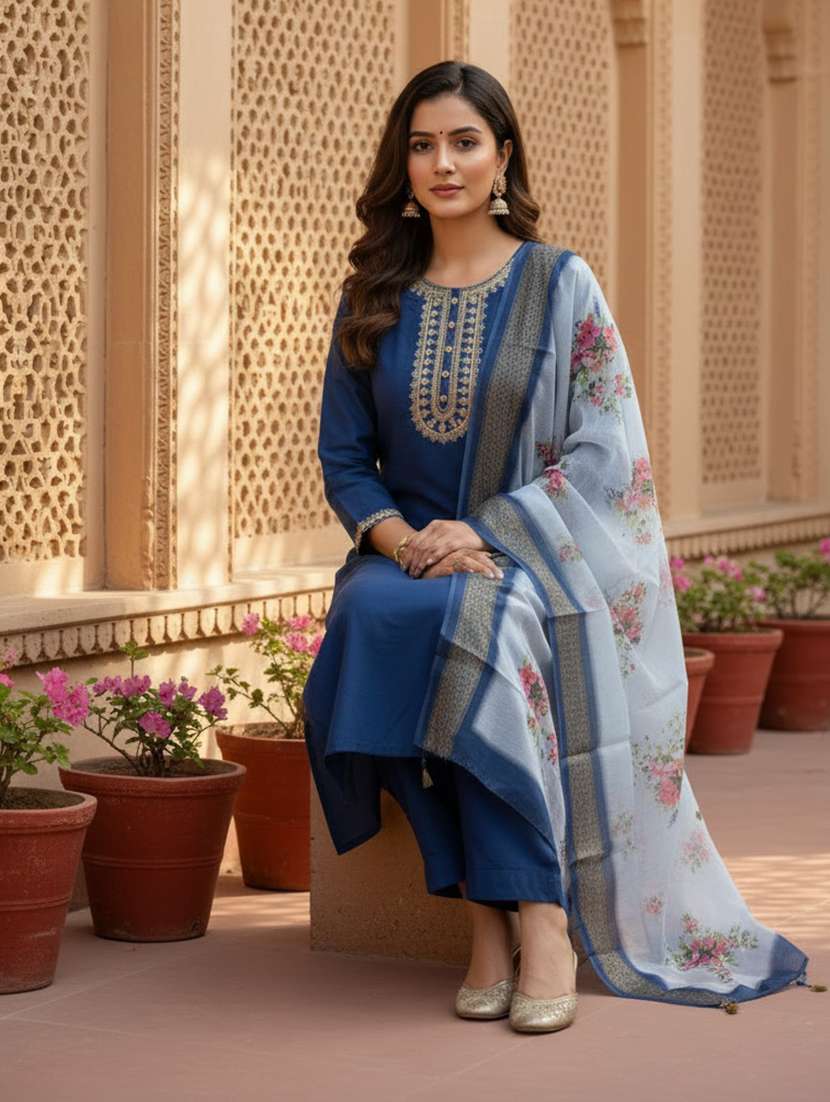 women embroidered three quarter sleeve kurta pant with dupatta set - 22505912 -  Standard Image - 2