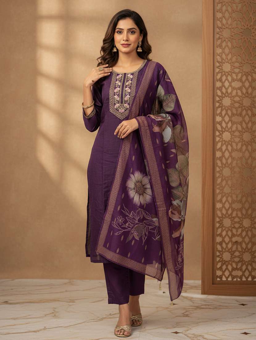 women embroidered three quarter sleeve kurta pant with dupatta set