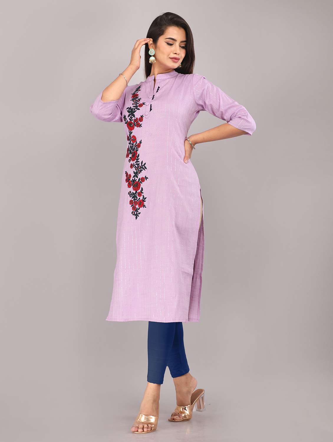 women embroidered three quarter sleeve straight kurta - 22506100 -  Standard Image - 2