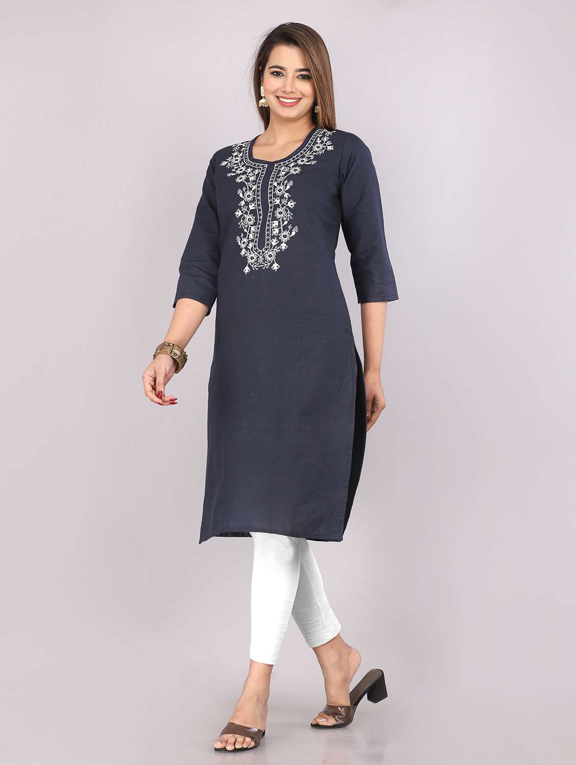 women embroidered three quarter sleeve straight kurta - 22506171 -  Standard Image - 2