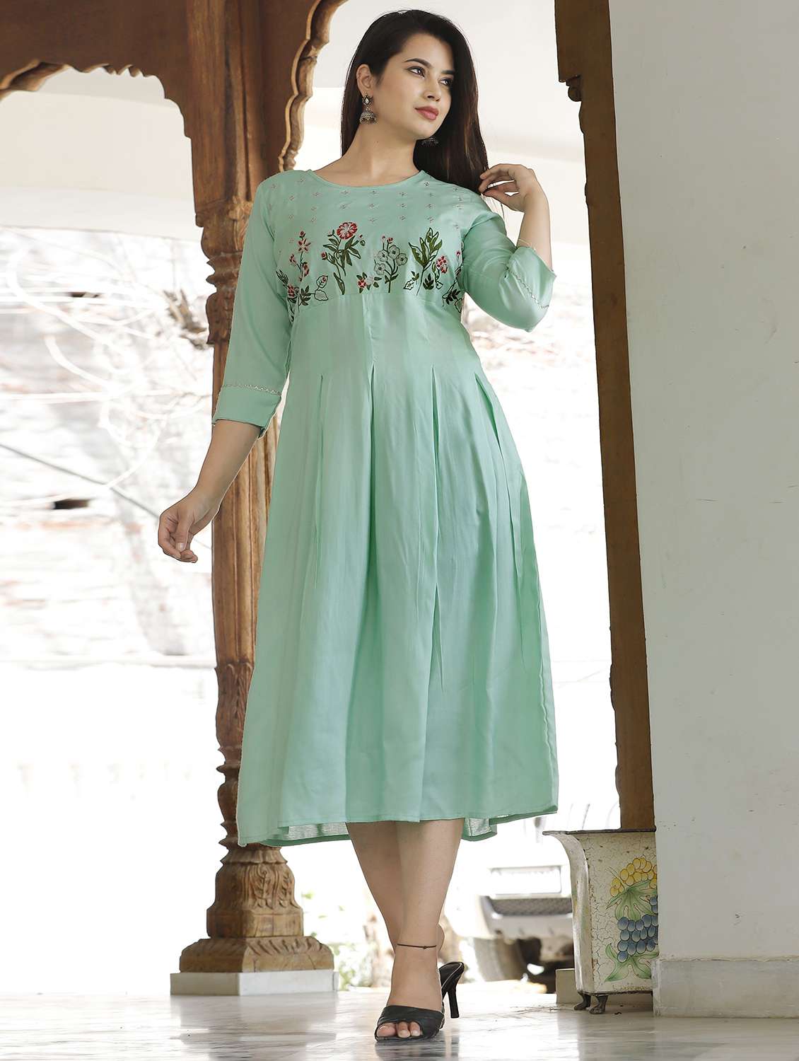 women embroidered three quarter sleeve flared kurta - 22506296 -  Standard Image - 2