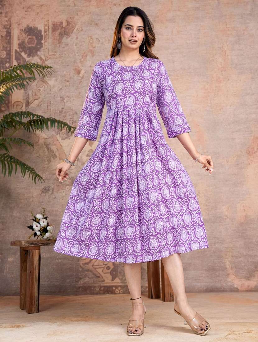 women printed three quarter sleeve fit & flare ethnic dress - 22506355 -  Standard Image - 2