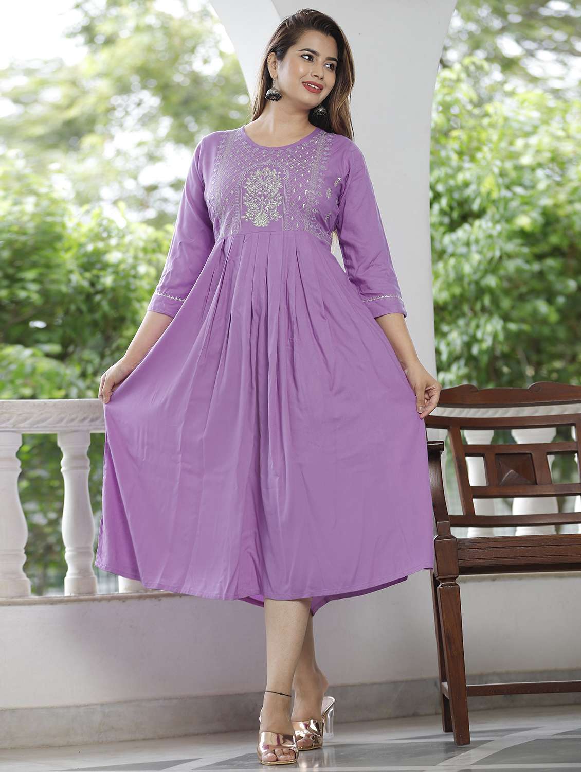 women embroidered three quarter sleeve flared kurta - 22506366 -  Standard Image - 2