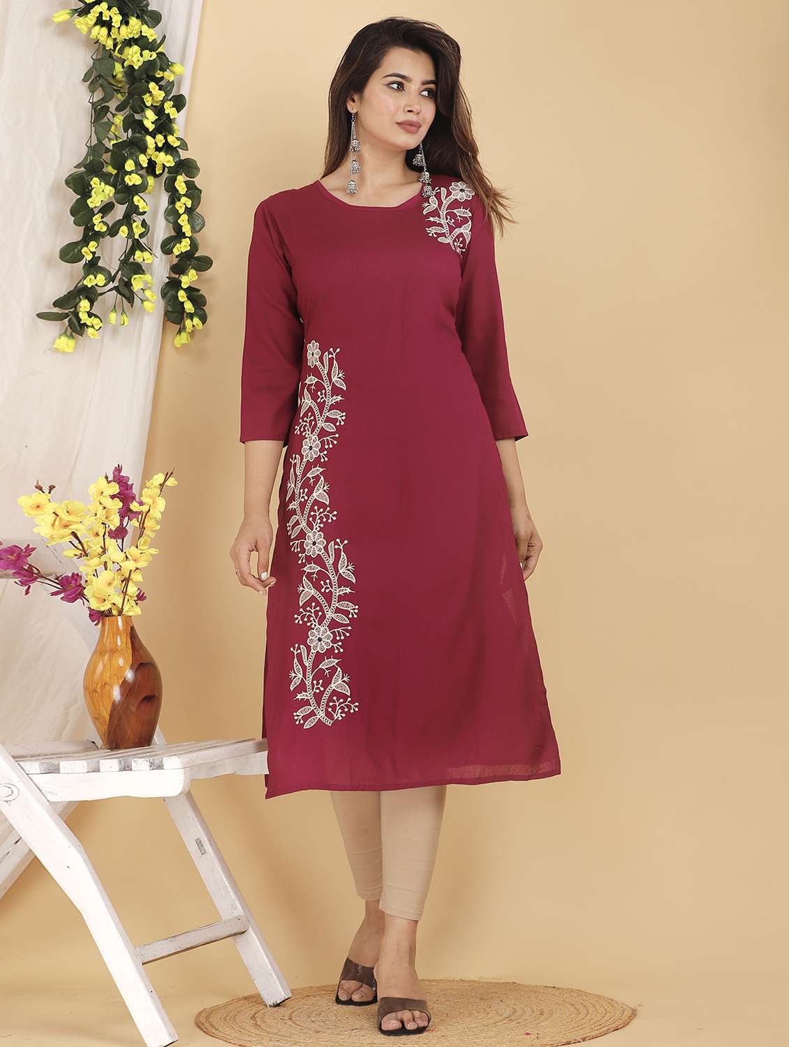 women embroidered three quarter sleeve straight kurta