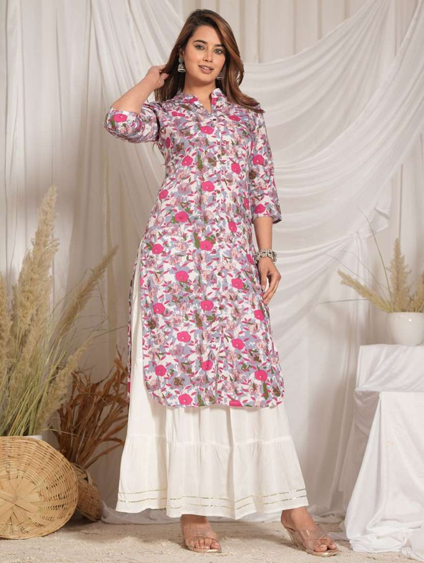 women floral three quarter sleeve kurta skirt set - 22507454 -  Standard Image - 2