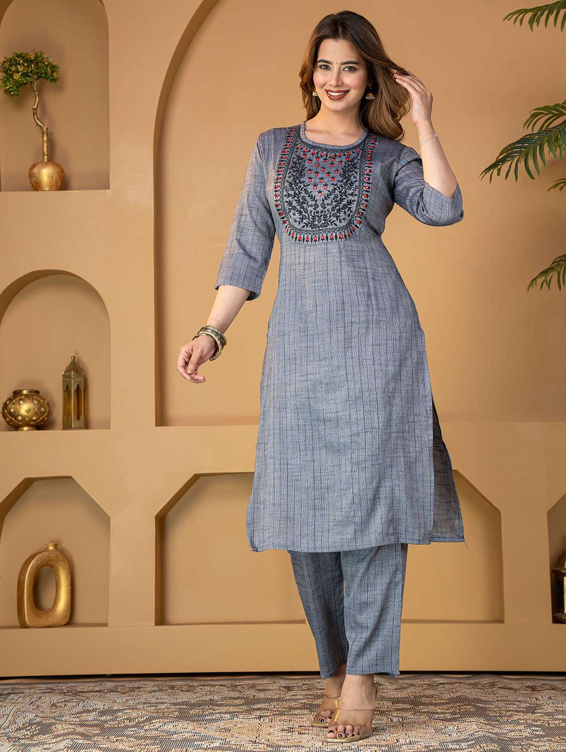 women embroidered three quarter sleeve kurta pant set - 22507461 -  Standard Image - 2