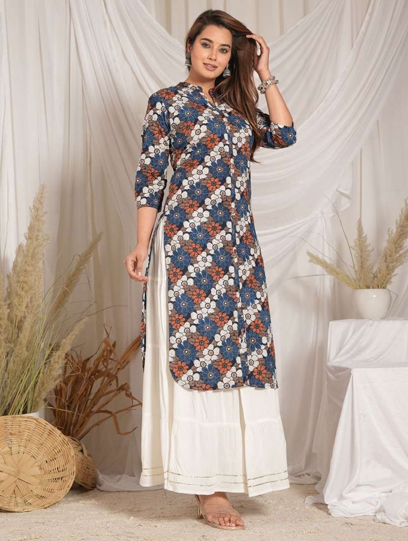 women floral three quarter sleeve kurta skirt set - 22507527 -  Standard Image - 2