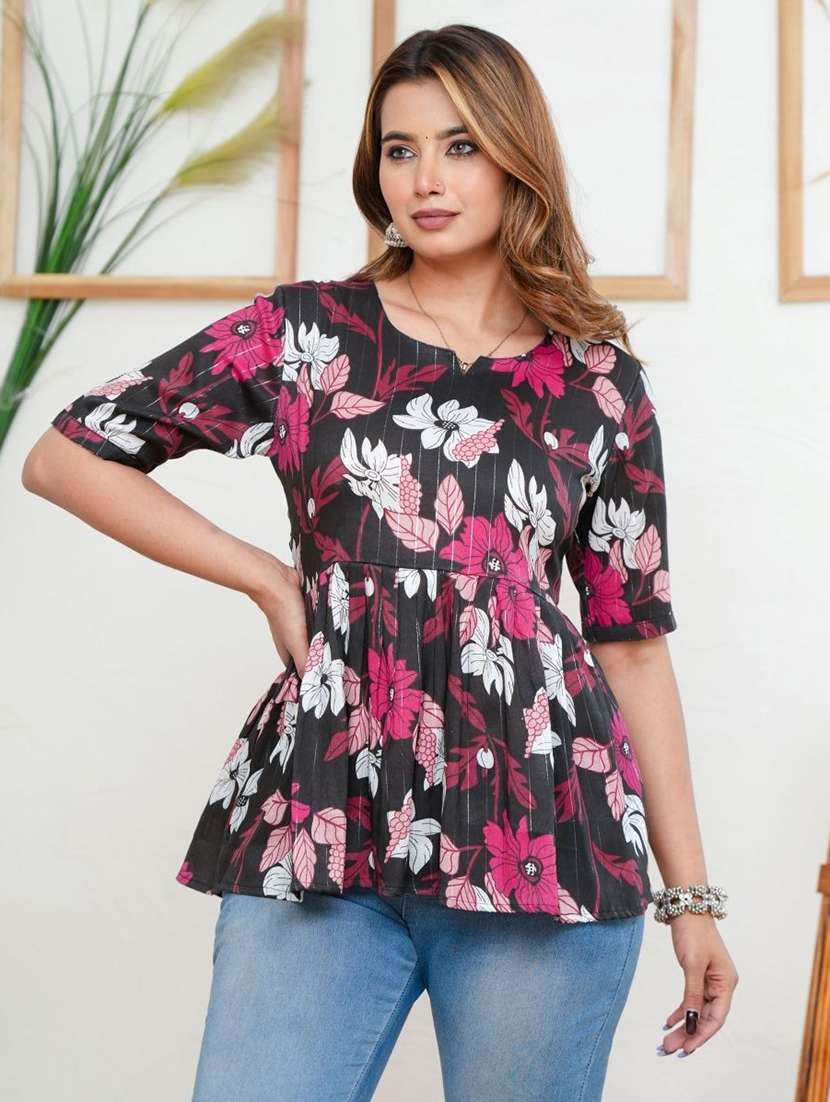 women floral printed short sleeves peplum top - 22507560 -  Standard Image - 2