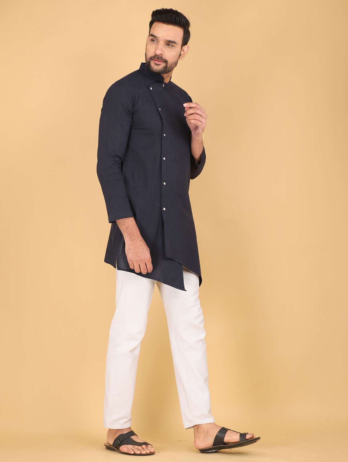 men solid mandarin neck angrakha kurta - 22507627 -  Standard Image - 2