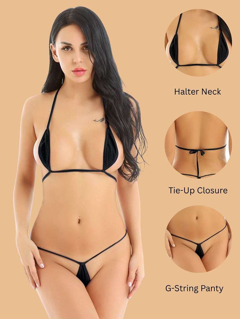 women solid halter neck bikini set - 22507766 -  Standard Image - 2