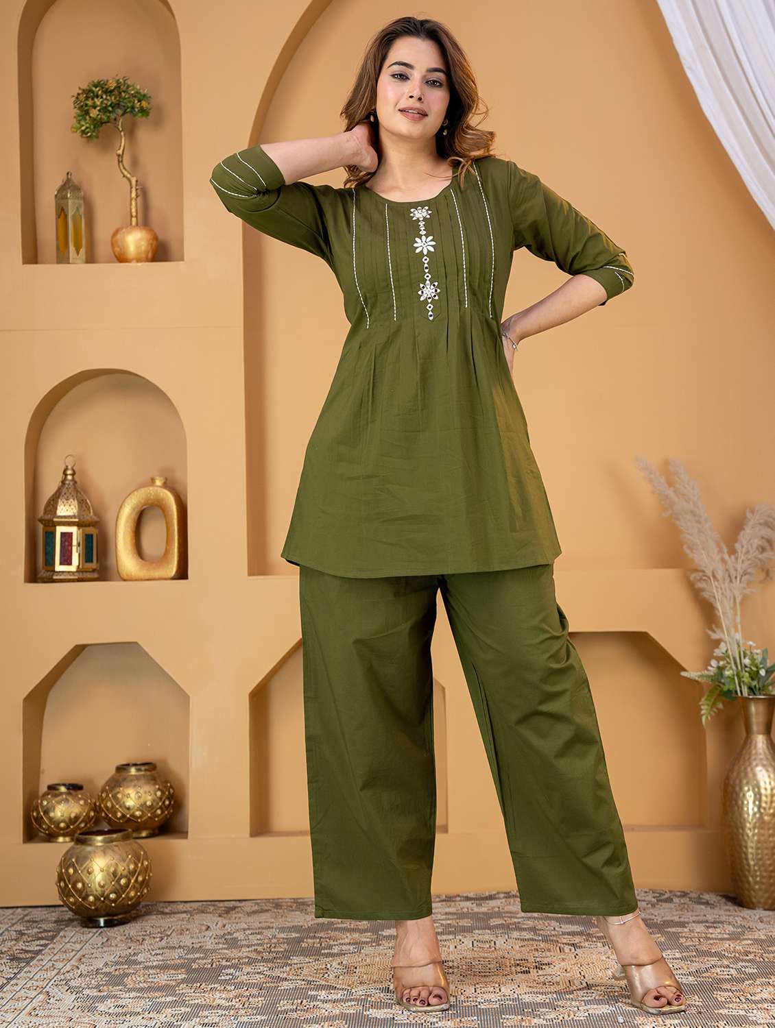 women embroidered three quarter sleeve ethnic co-ord set - 22507807 -  Standard Image - 2