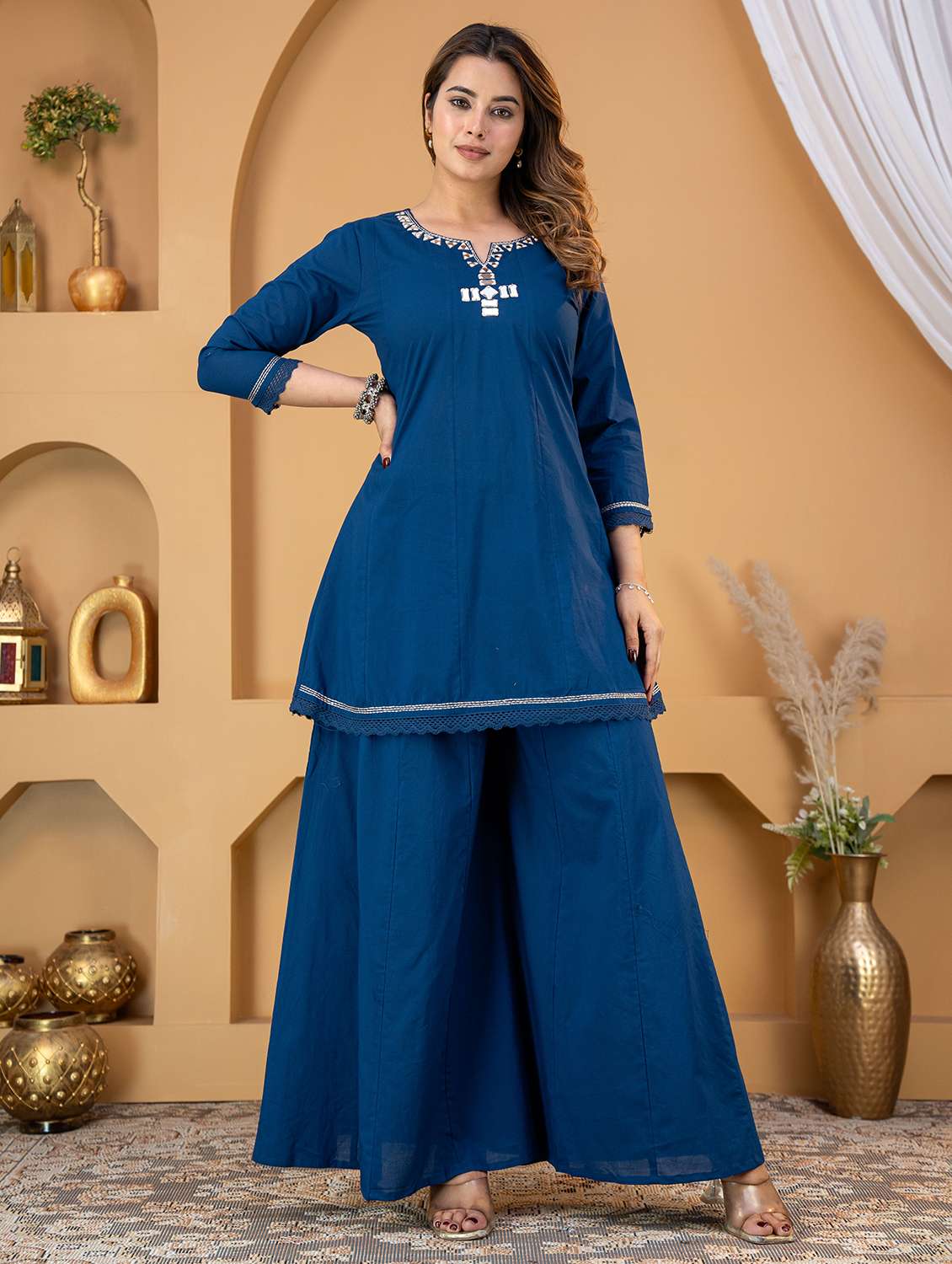 women embroidered three quarter sleeve ethnic co-ord set