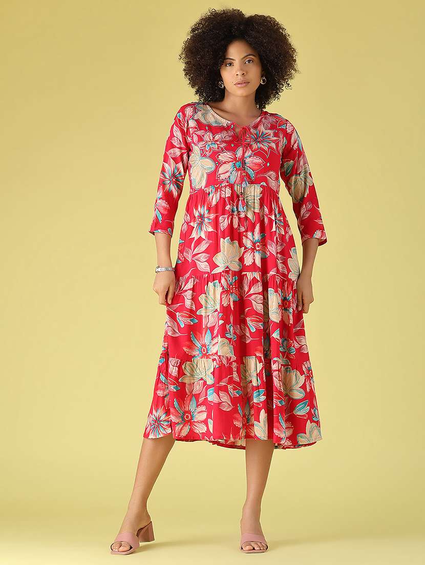 women printed three quarter sleeves tiered dress - 22508115 -  Standard Image - 2