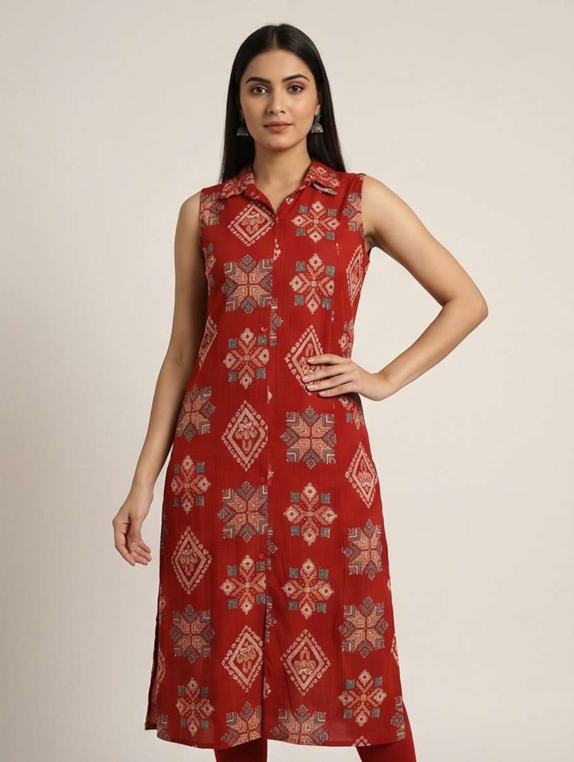 women printed sleeveless straight kurta