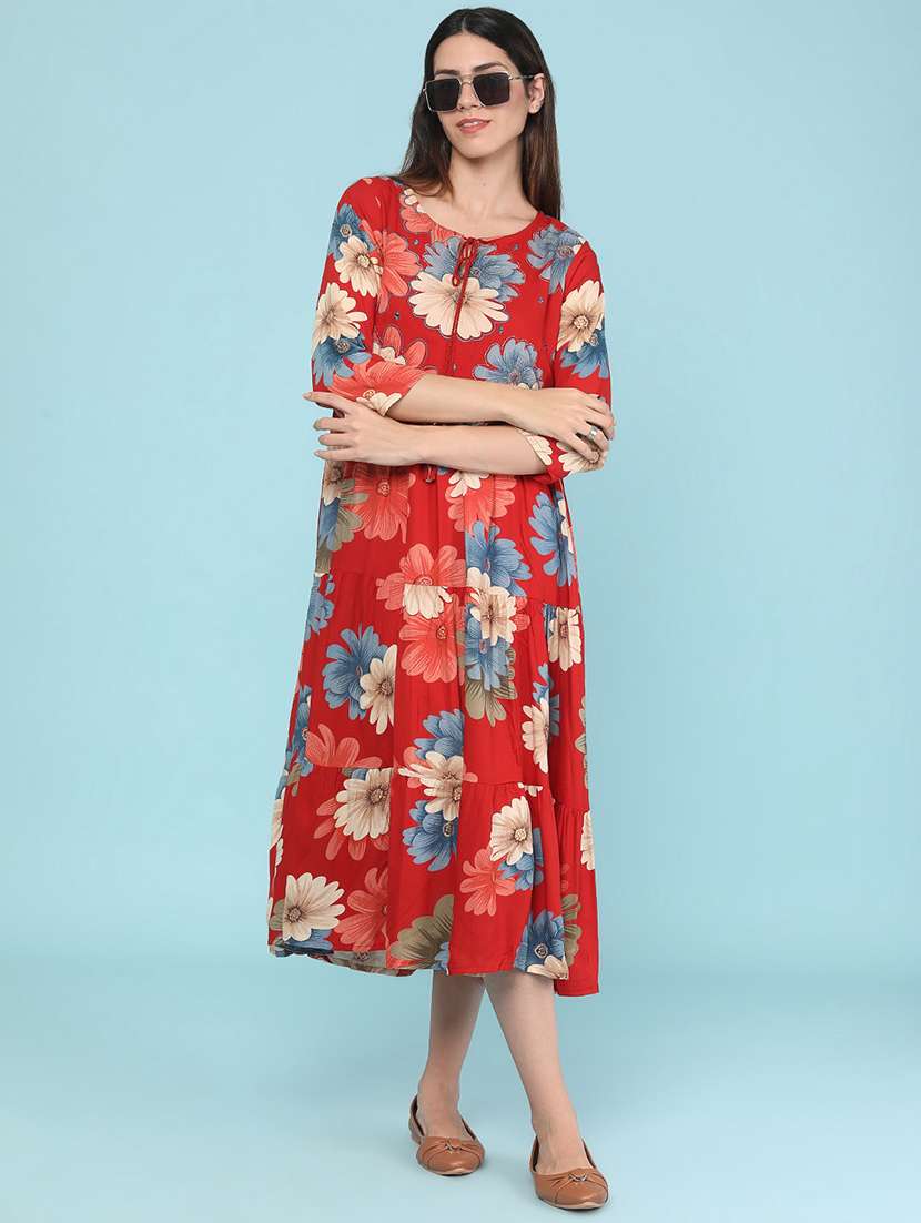 women printed three quarter sleeves tiered dress