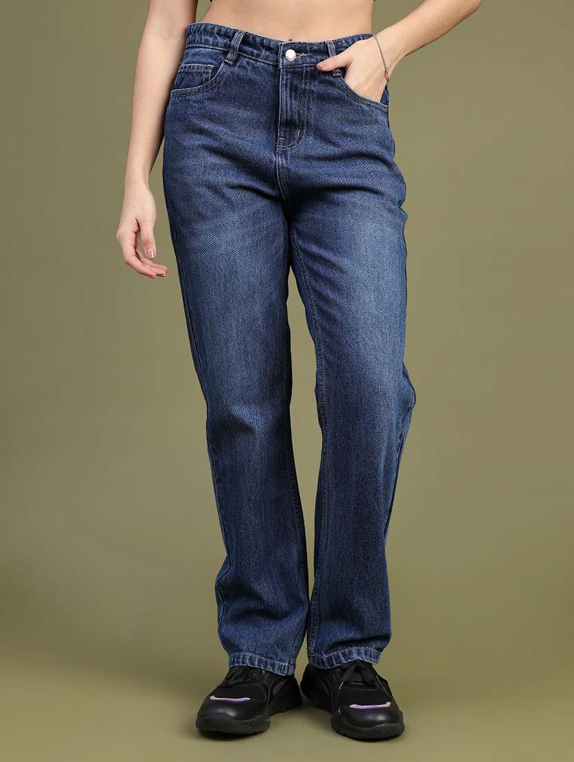 women washed mid rise straight jeans
