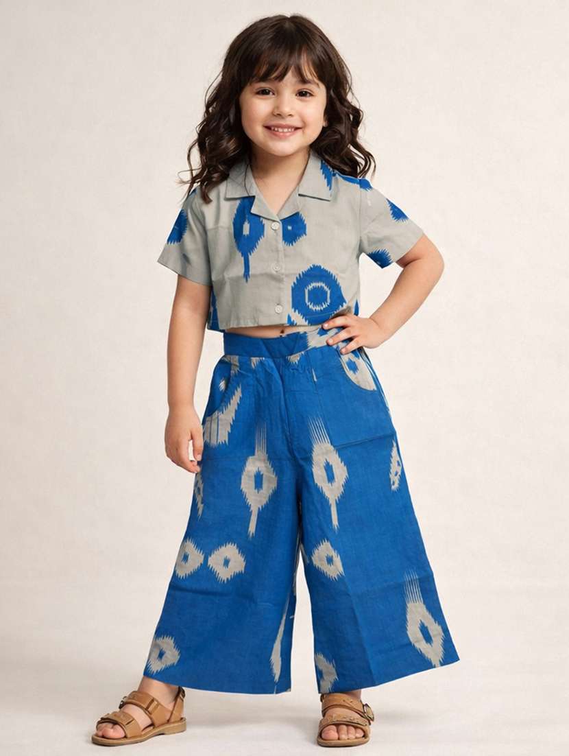 girls printed short sleeves shirt and trouser co-ord set