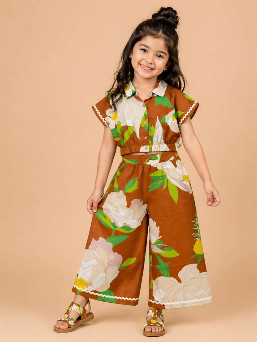 girls printed short sleeves shirt and trouser co-ord set