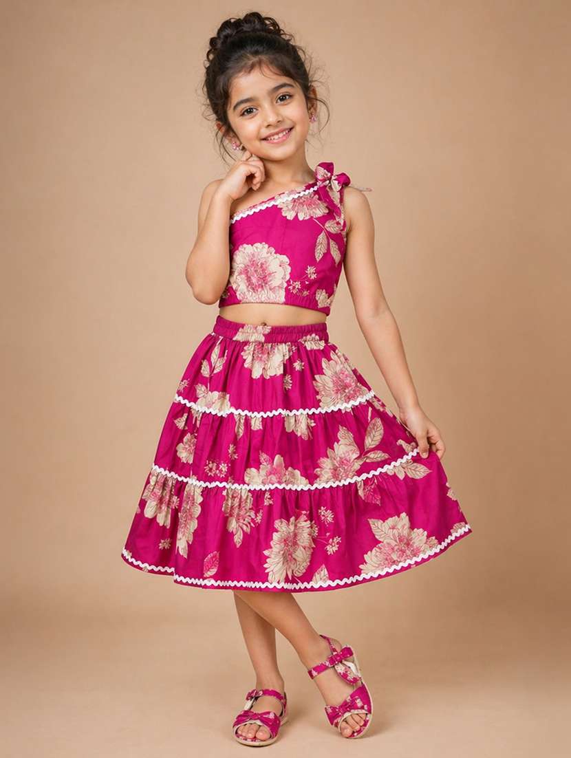 girls printed short sleeves top and skirt co-ord set
