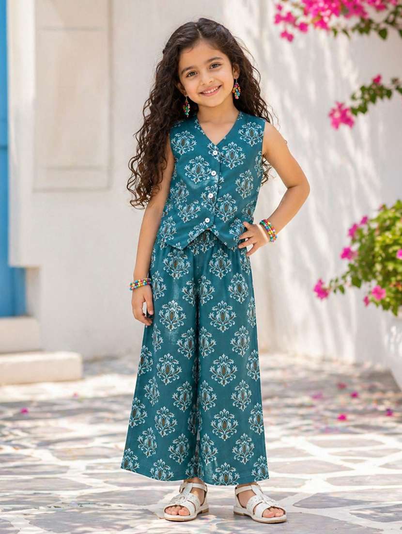 girls printed sleeveless top and trouser co-ord set