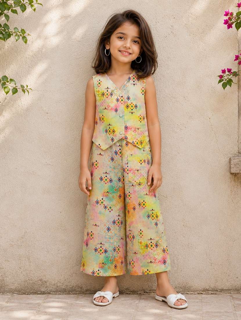 girls printed sleeveless top and trouser co-ord set