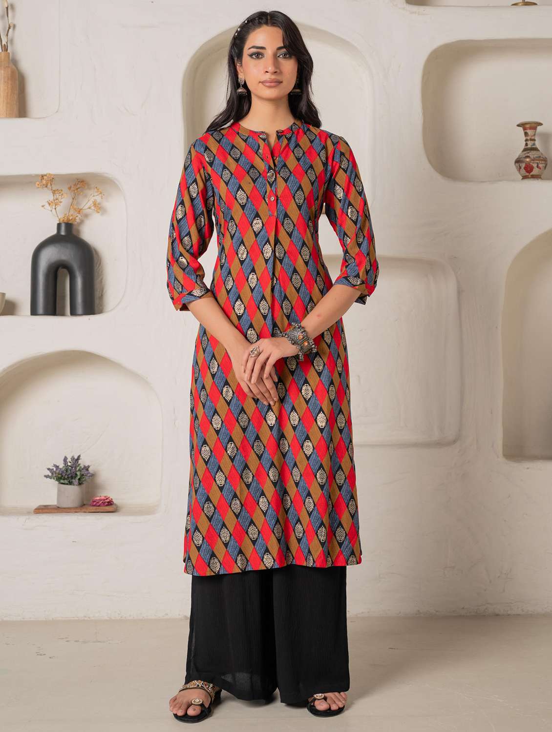 women printed mandarin neck straight kurta