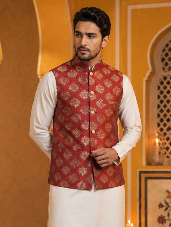 men self design mandarin neck nehru jacket - 22511285 -  Standard Image - 2