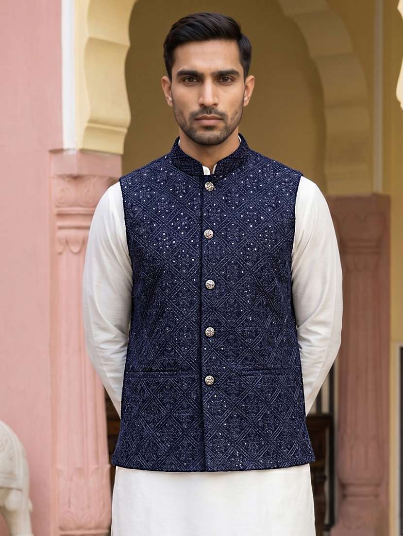 men embroidered mandarin neck nehru jacket - 22511304 -  Standard Image - 2