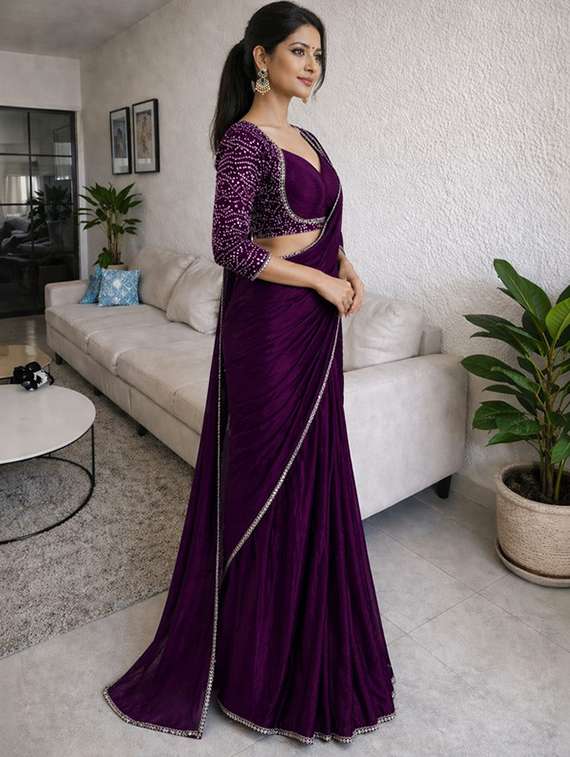 women solid with embellished bordered saree with blouse - 22511399 -  Standard Image - 2