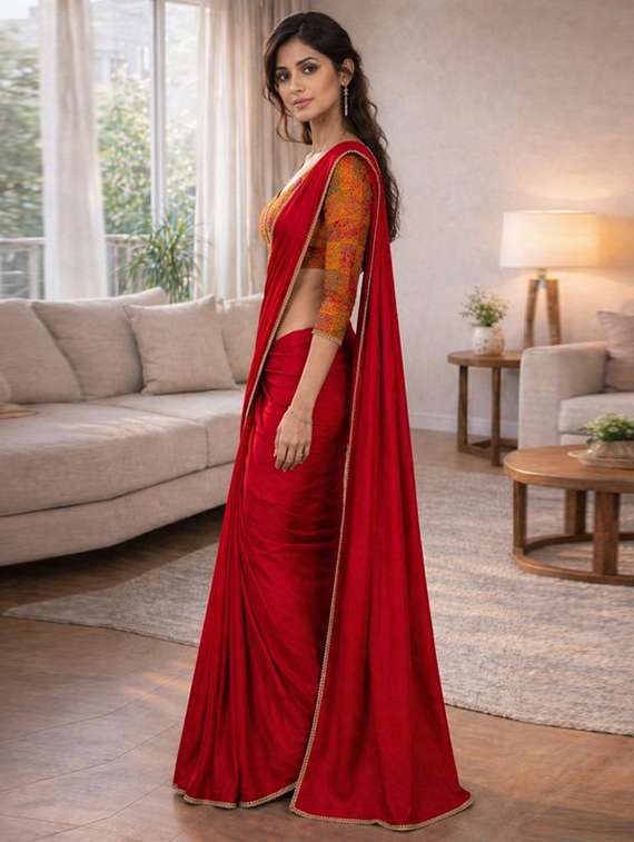 women solid with embellished bordered saree with blouse - 22511414 -  Standard Image - 2